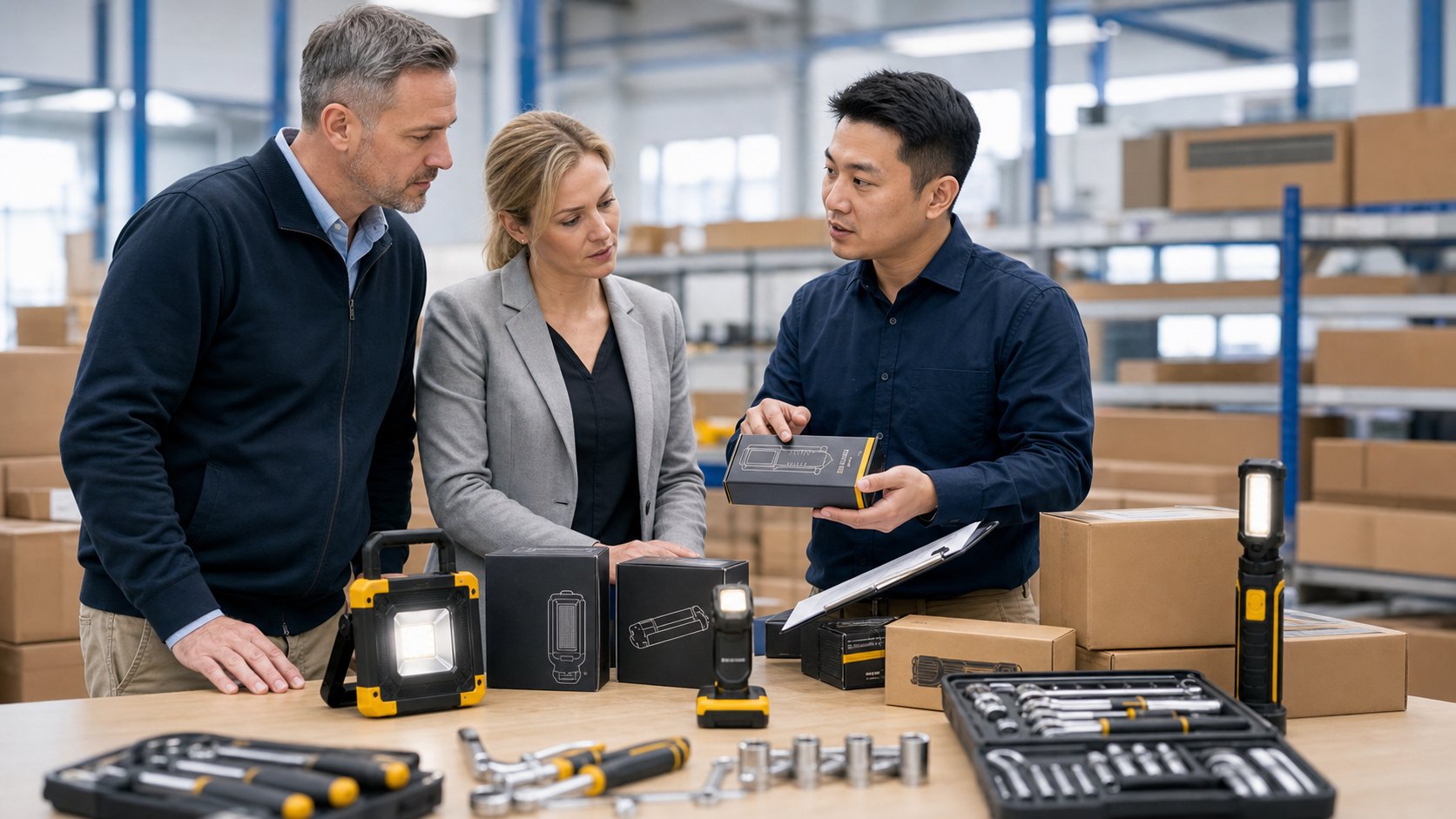 Western customers reviewing private label tool packaging with an export coordinator