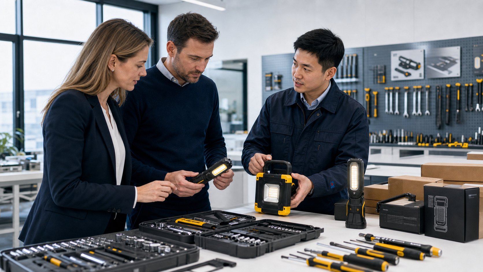 Western buyers reviewing work lights and hand tools in a COOLMAN showroom