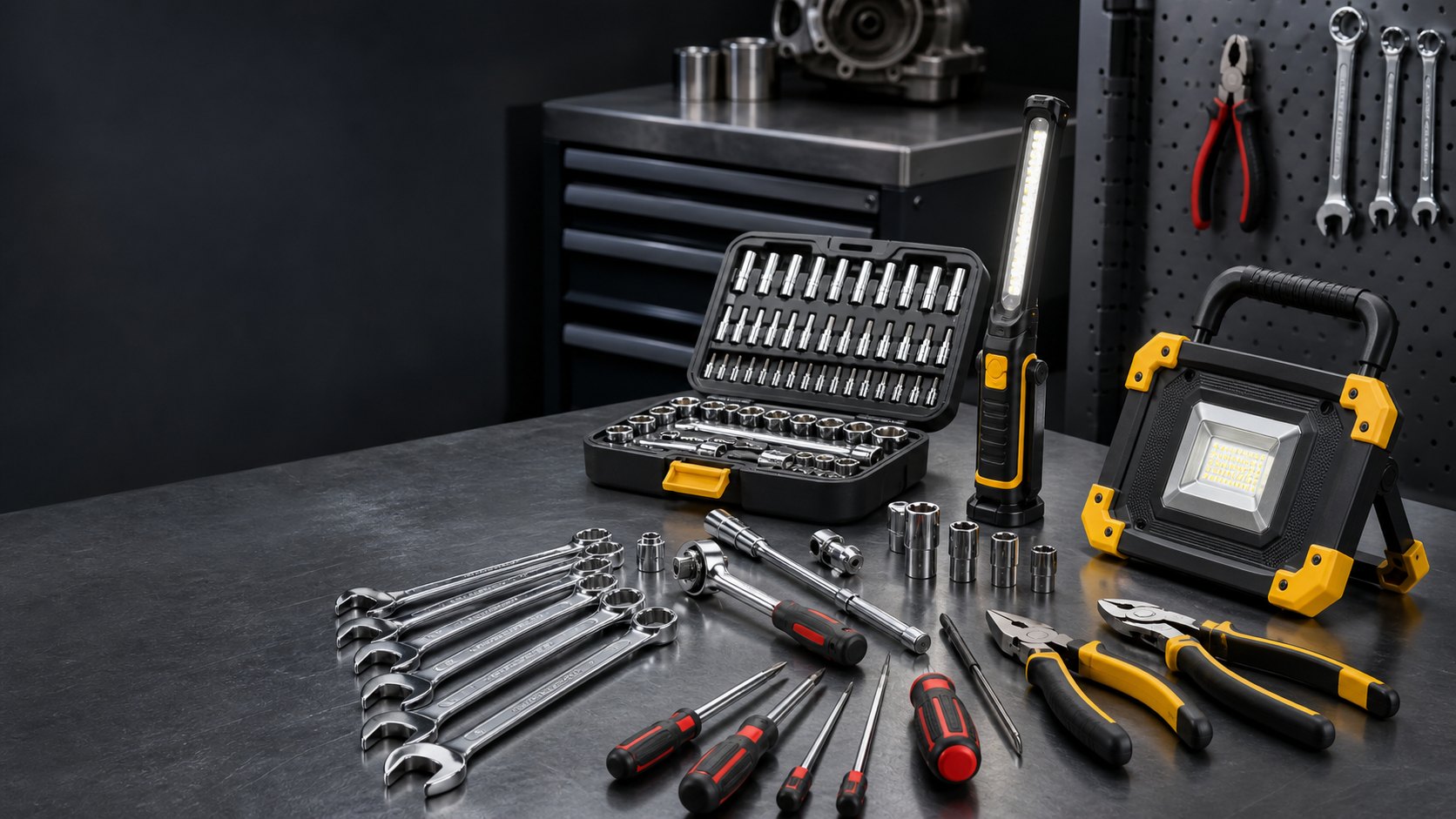 Professional tools and work lights arranged on an industrial workbench